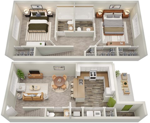 A top-down view of a two-level apartment with a living room, kitchen, and bedrooms.